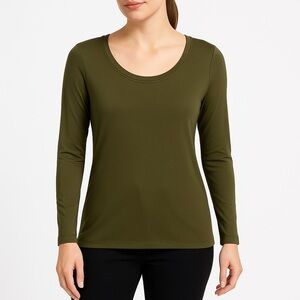 Adrienne Vittadini Olive Green Satin Neckline Long Sleeve Neck Top | Size L